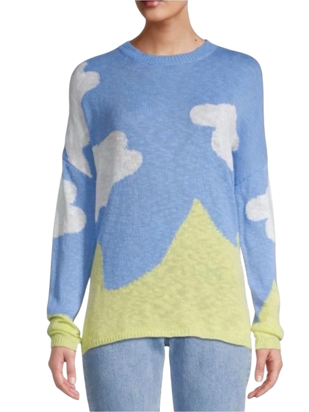 New Stitchdrop Clear Skies Yellow & Blue Clouds Mountain Theme Oversize Sweater